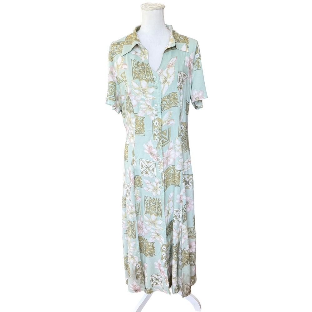 Coco Bianco Vintage Sage‎ Green Tropical Floral Rayon Midi Shirt Dress Womens 16